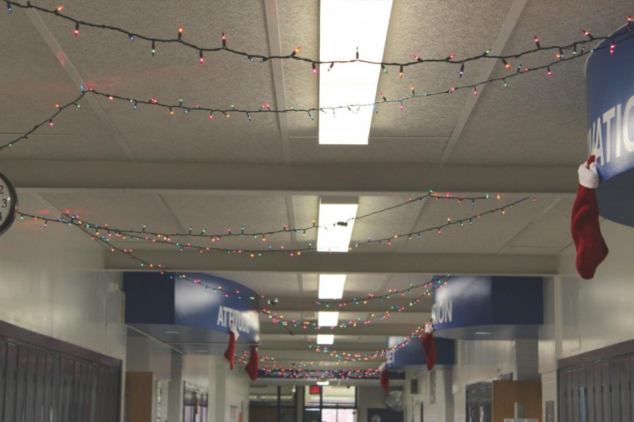 Festive+lights+throughout+the+halls+at+Plainwell+Highschool+light+up+the+path+to+a+great+New+Year.